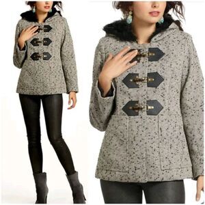 Anthropologie Third Piece Wool Peacoat Jacket Womens 14 Tweed Fur Hood Clasp New